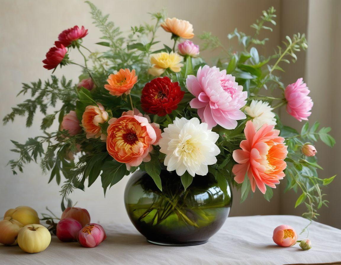 A beautifully arranged assortment of heirloom flowers juxtaposed with seasonal blooms, presented in elegant vases. Include a soft, inviting background with hints of nature, showcasing lush greenery and a gentle sunlight filter. Highlight diverse flower varieties like peonies, dahlias, and seasonal wildflowers, emphasizing vibrant colors and textures. inspire warmth and joy, perfect for floral gift-giving. super-realistic. vibrant colors. soft focus.