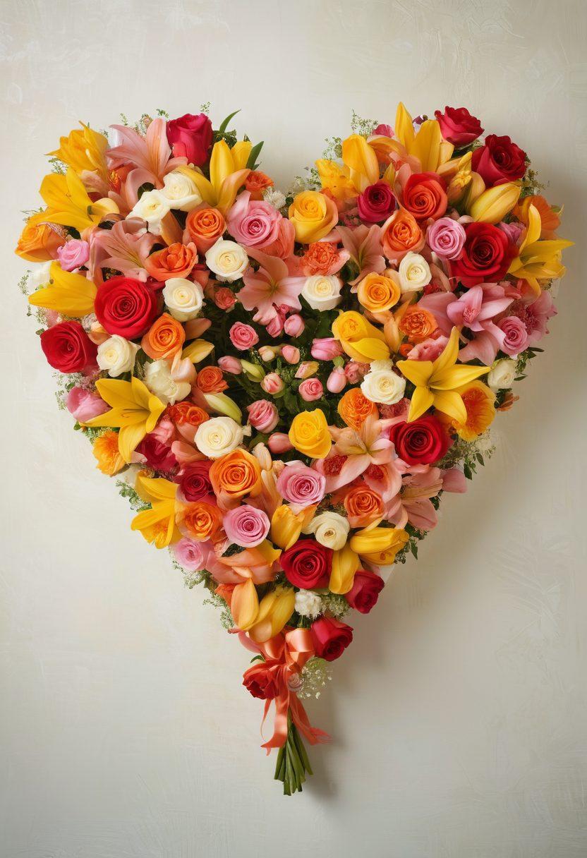 A vibrant display of diverse, exquisite flowers arranged in a heart shape, showcasing roses, lilies, and tulips, with delicate petals glistening in soft sunlight. In the background, faint silhouettes of romantic couples exchanging floral gifts, symbolizing affection and love. The color scheme should be bright and inviting, evoking warmth and romance. super-realistic. vibrant colors. soft focus.
